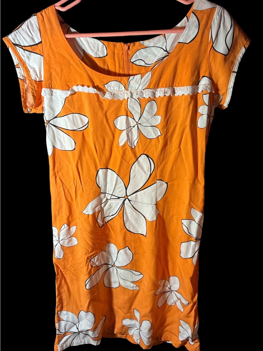Hinano Tahiti Orange White Tiare Floral Shift Dress Scoop Neck Lace Trim L